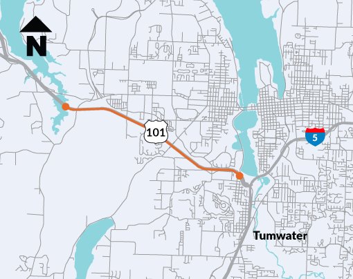 The southbound portion of US 101 in red will have increased traffic until September due to construction and repairs.